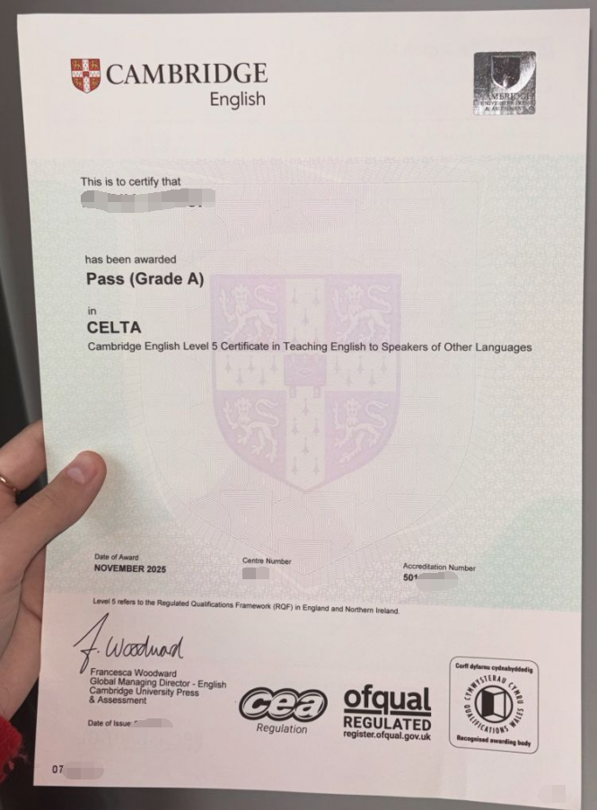 Sample of Cambridge English A Level Certificates in 2025