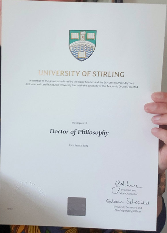 Sample of the Doctor of Philosophy degree from the University of Stirling in 2021