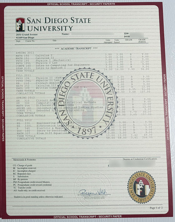 San Diego State University Transcript Sample