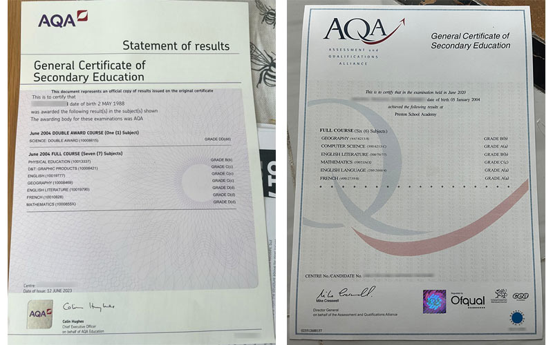 AQA GCSE Certificate Sample