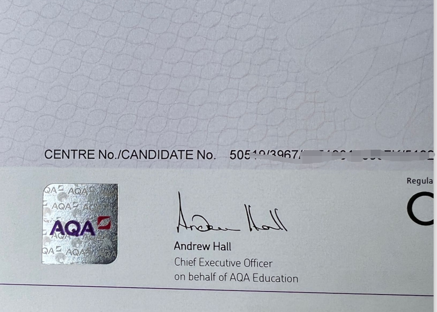 AQA GCSE Certificate Sample