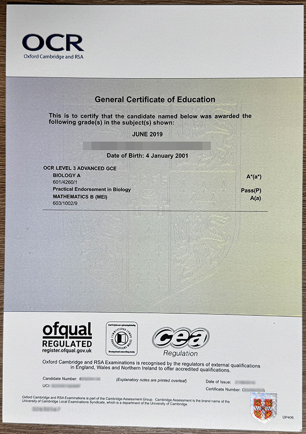 OCR Certificate sample