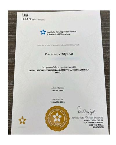 Electrical Installation and Maintenance Level 3 Certificate Sample