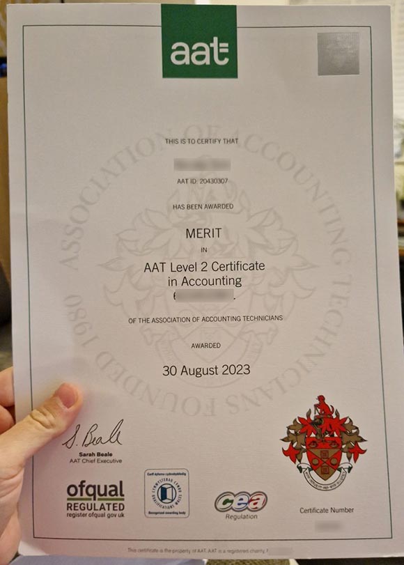 Sample of AAT Level 2 Accounting Diploma Certificate in 2023