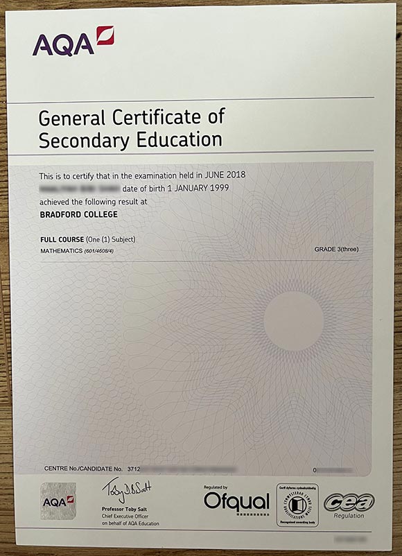 Sample of AQA GCSE Certificate from 2000