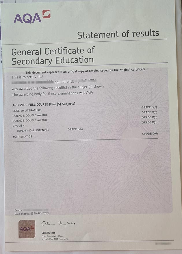 Samples of AQA GCSE Certificate from 2022