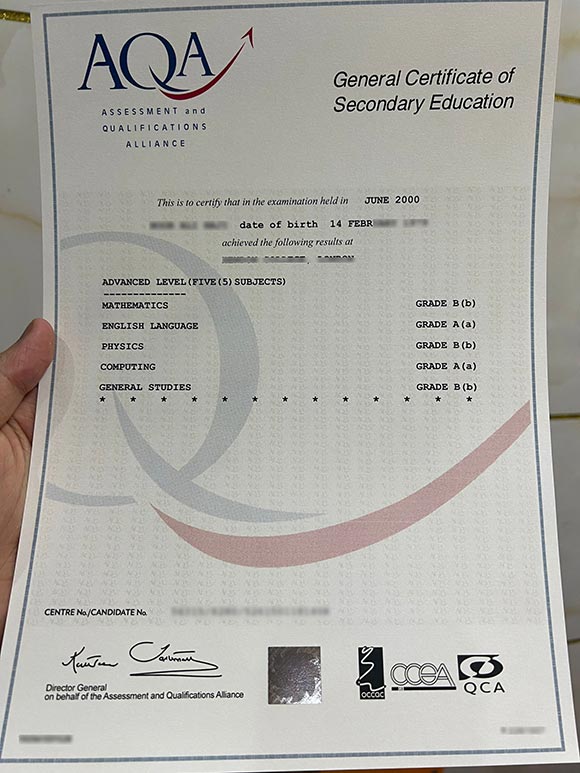 Sample of AQA GCSE Certificate from 2000