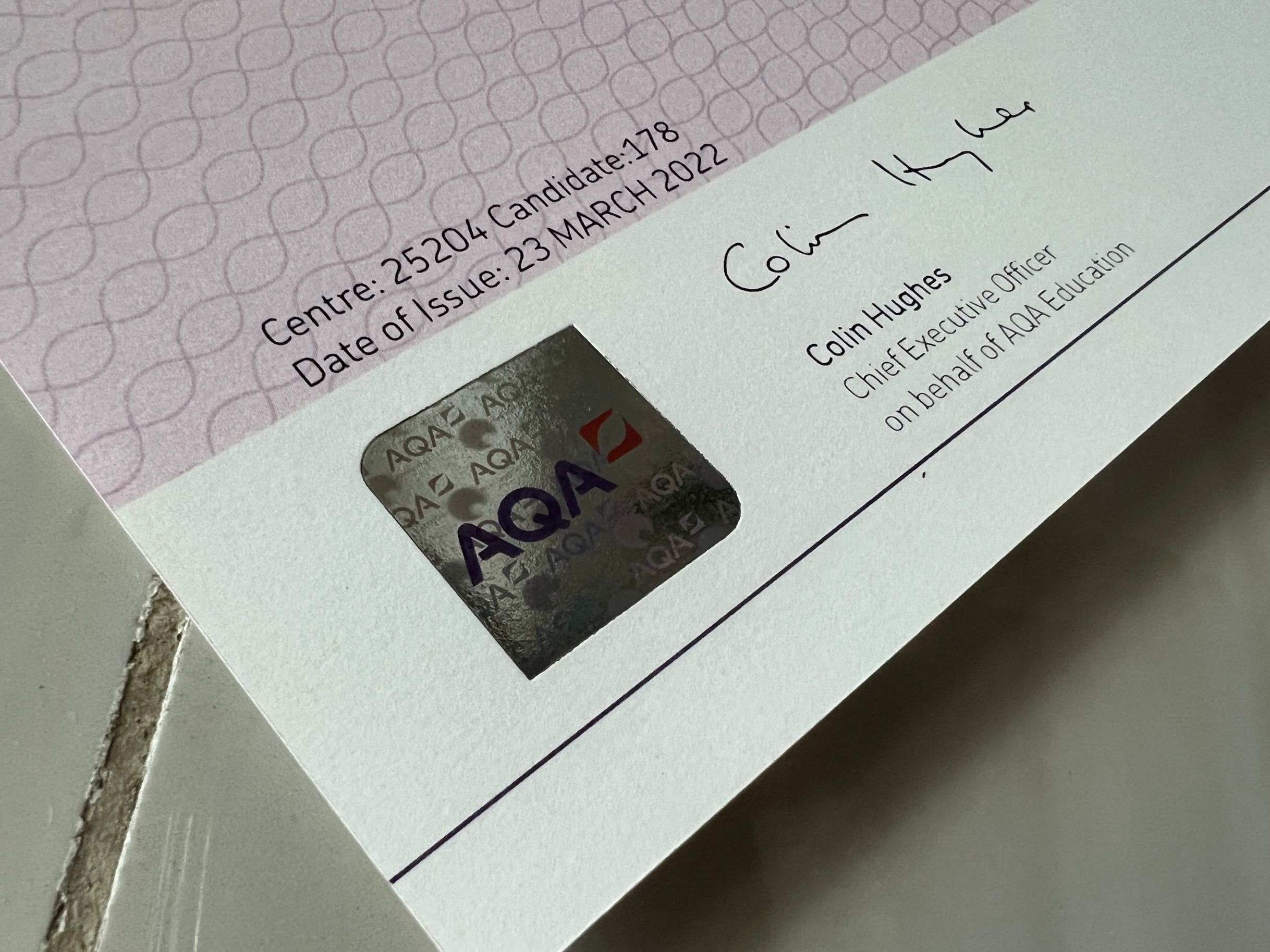 Sample of AQA GCSE Certificate