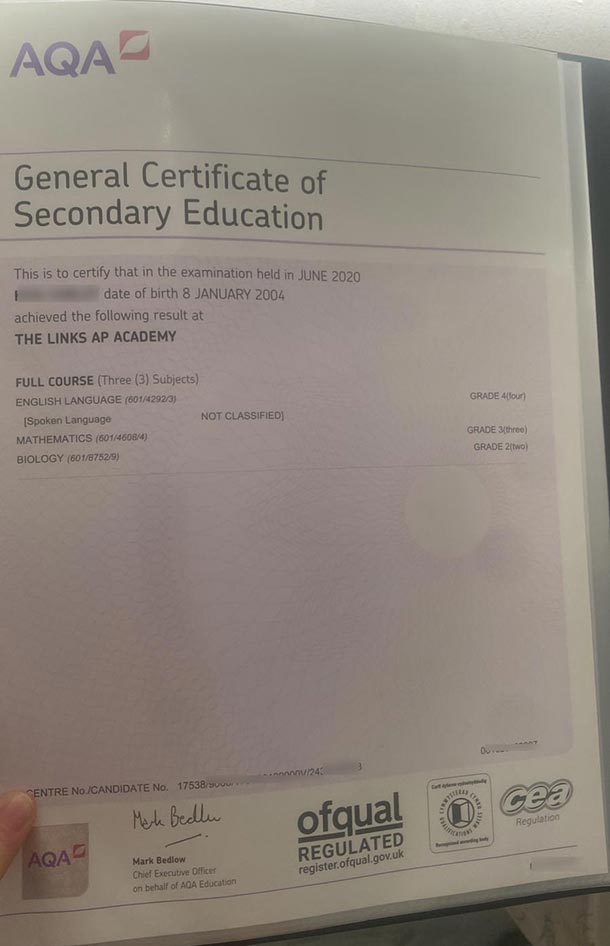 Sample of AQA GCSE Certificate from 2020
