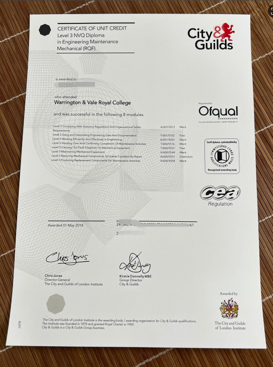 2014 City and Guilds Certificate Sample
