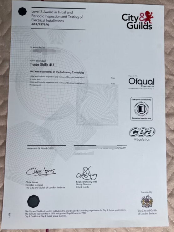 2019 City and Guilds Certificate Samples