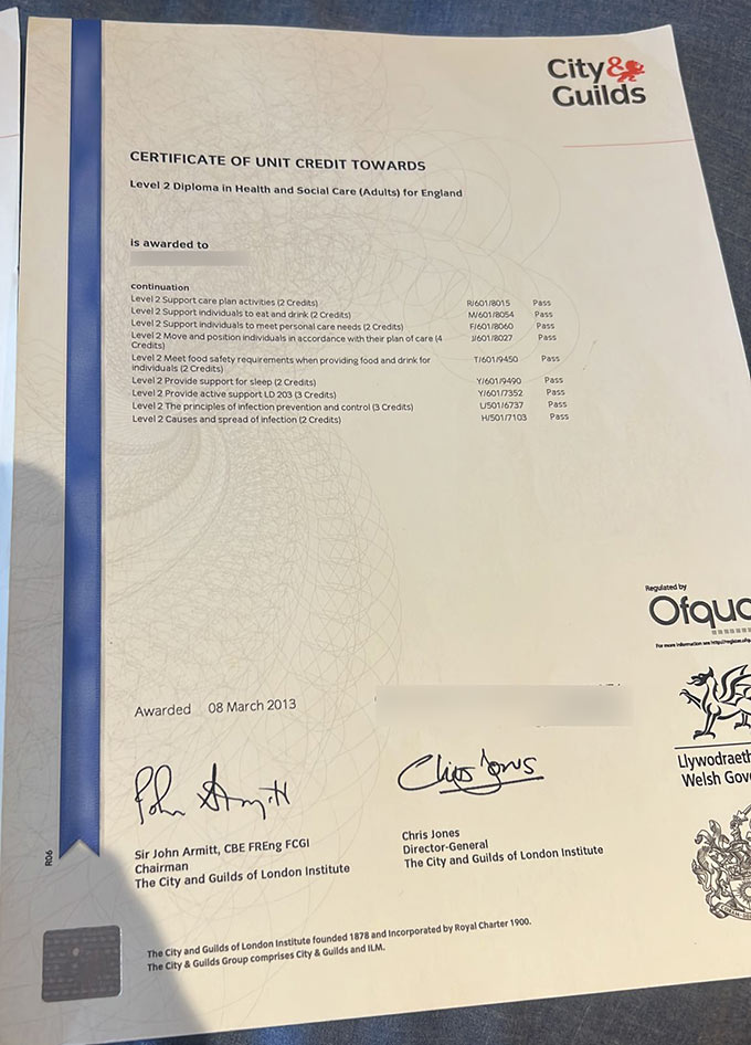 Certificate Level 2 in Health and Social Care, City and Guilds, 2013