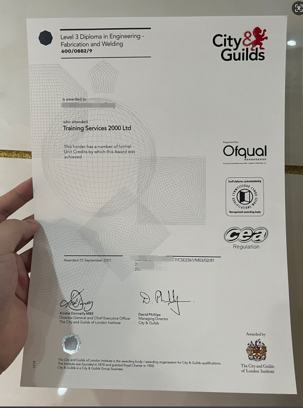 City and Guilds Level 3 Certificate Sample for Manufacturing and Welding