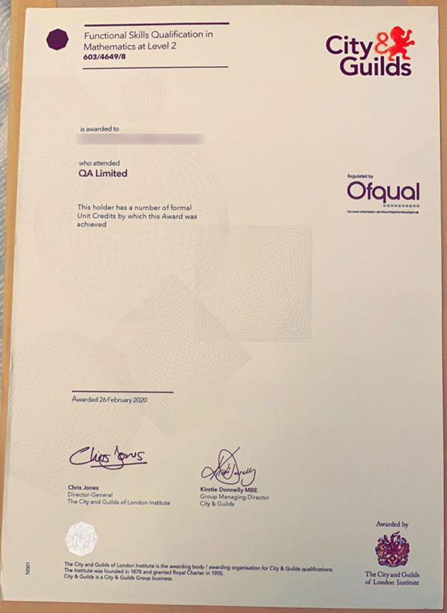 Sample of the Level 2 Mathematics Examination Certificate for City and Guilds