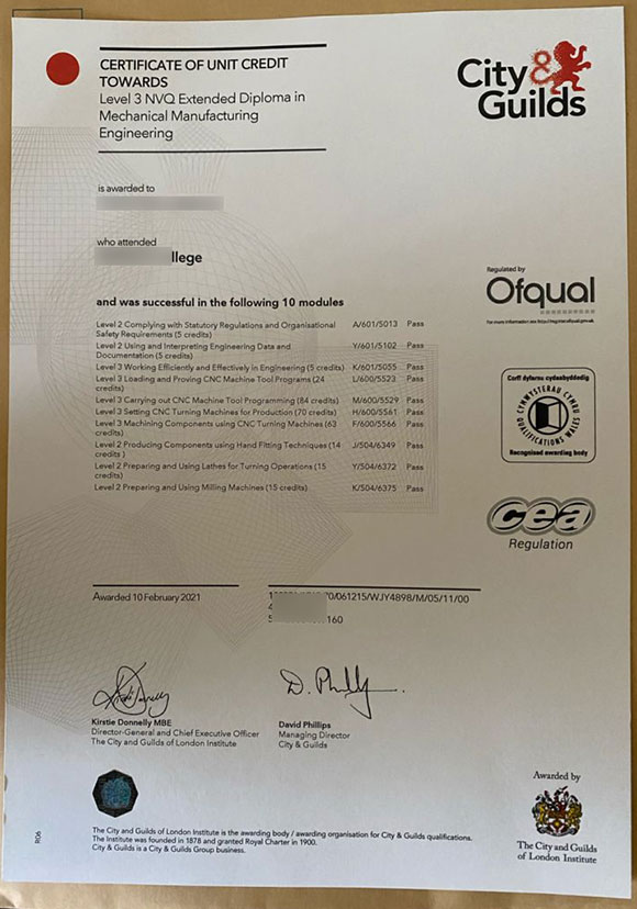 Sample of Level 3 Mechanical Manufacturing Certificate for City and Guilds