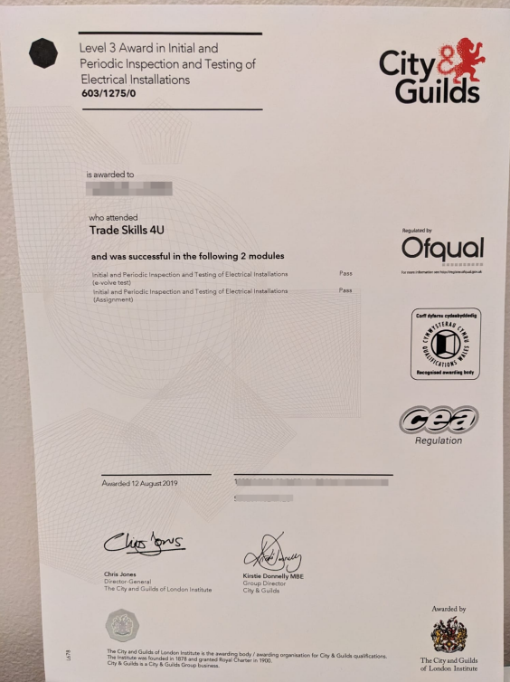 Sample of Level 3 Certificate for Urban and Guild Electrical Installations
