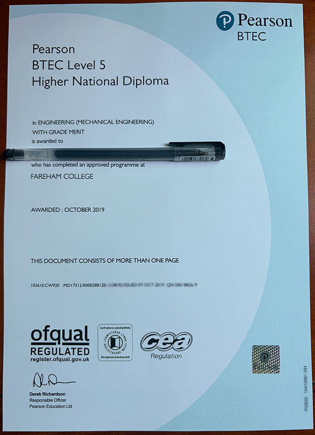 2019 Pearson BTEC Certificate