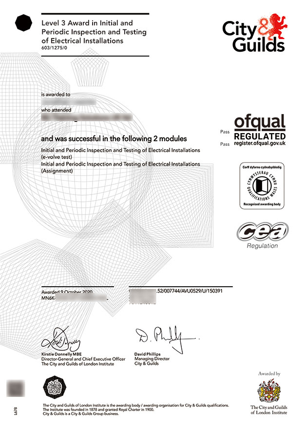 City and Guilds certificate sample