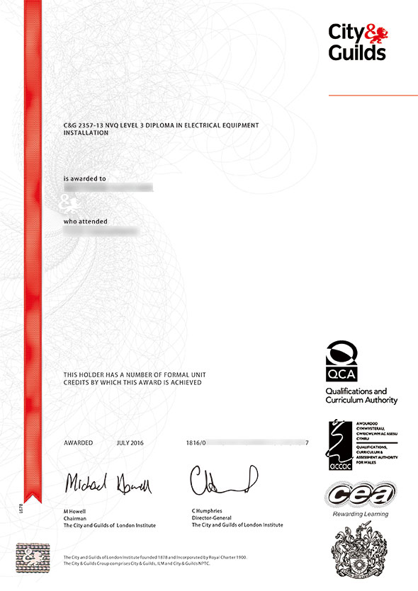 City and Guilds certificate sample