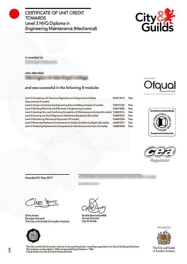 City and Guilds certificate sample