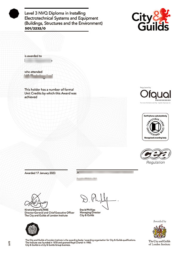 City and Guilds certificate sample