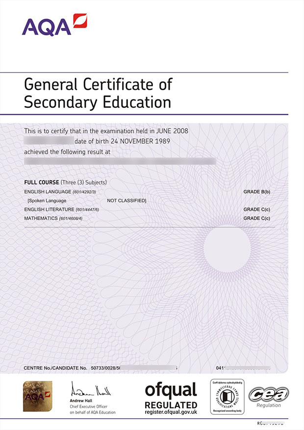 AQA GCSE certificates Sample