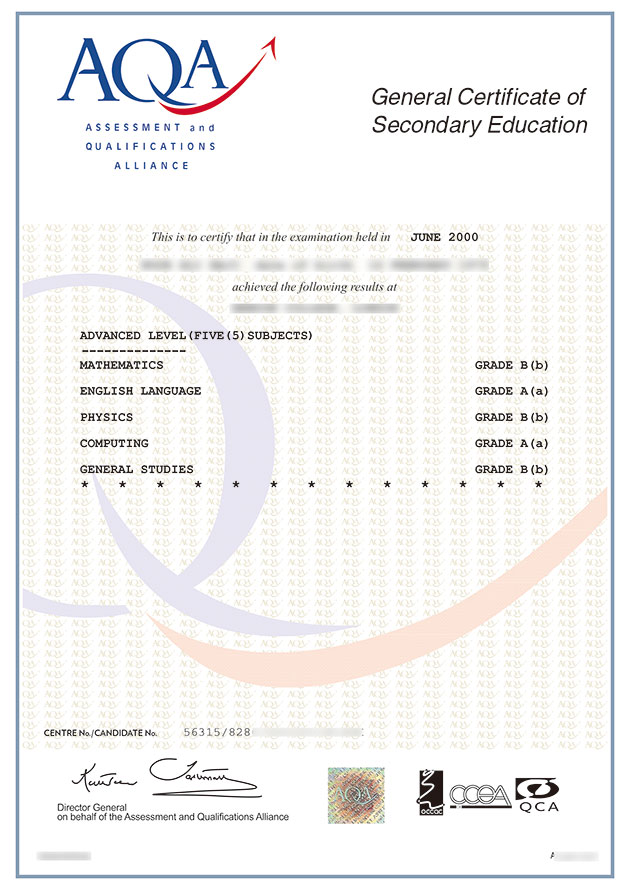 AQA GCSE certificates Sample