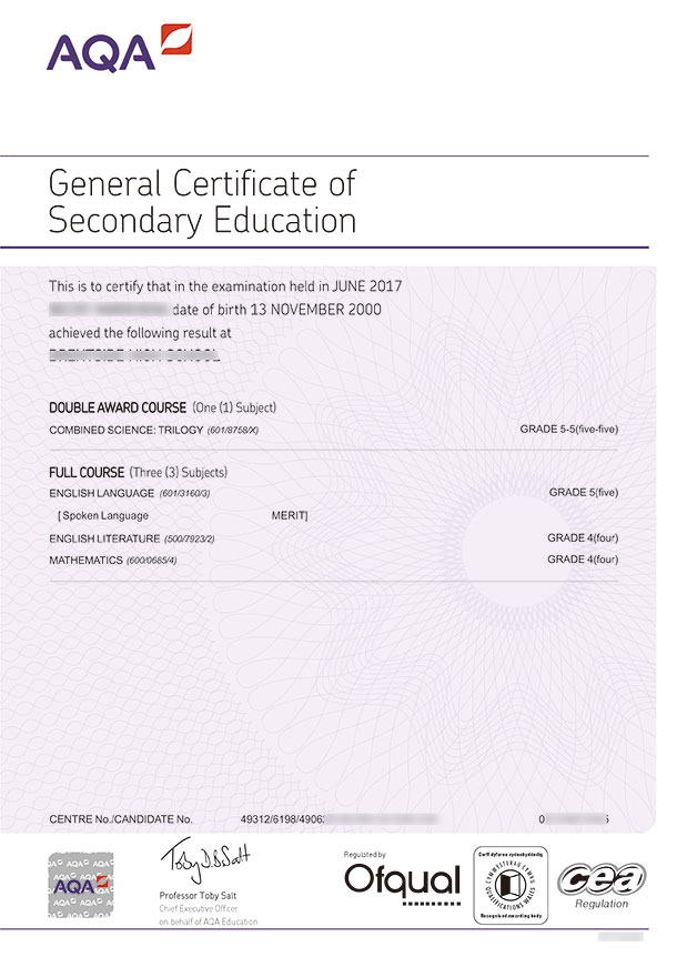 AQA GCSE certificates Sample